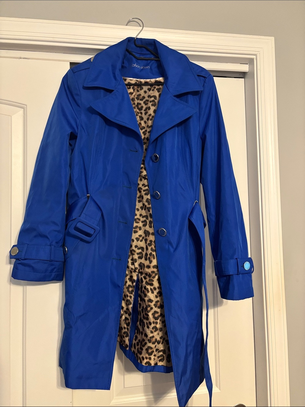 Calvin Klein Bright Blue Trench Coat with Leopard-Print Lining